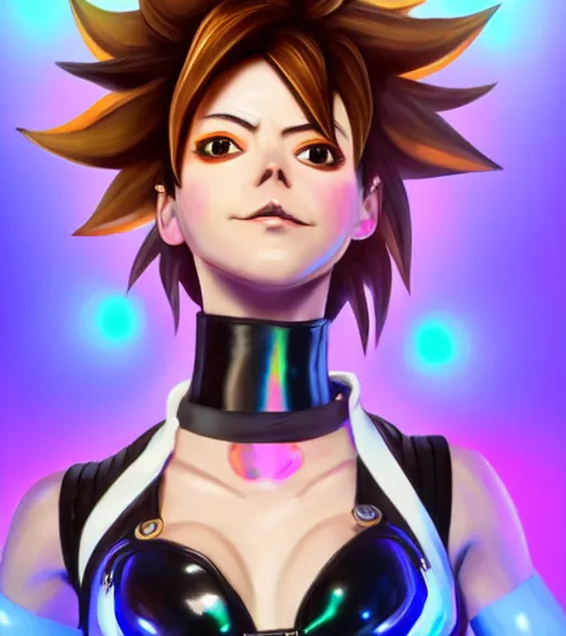 Image similar to full body digital artwork of tracer overwatch, wearing black iridescent rainbow latex tank top, 4 k, expressive happy smug expression, makeup, in style of mark arian, wearing detailed black leather collar, chains, black leather harness, leather cuffs around wrists, detailed face and eyes,