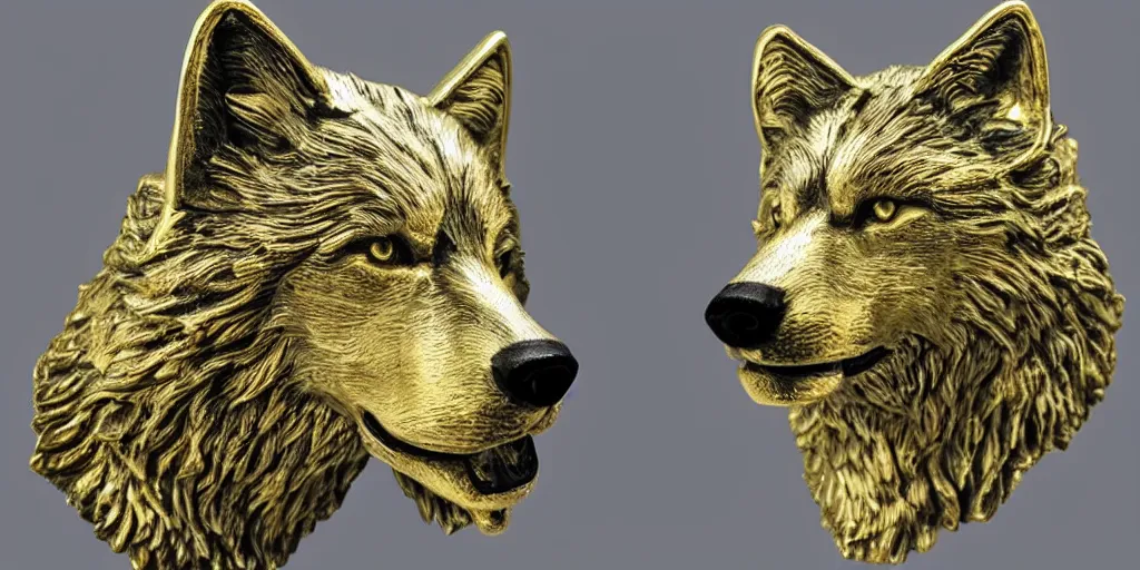 Image similar to gorgeous wolf statue portrait with gold filigree