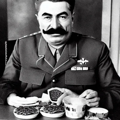 Image similar to joseph stalin enjoying a happy meal at mcdonald's