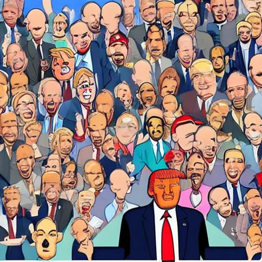 Image similar to enoumous crowd of millions of people, everyone is laughing and pointing at donald trump on a podium with not wearing pants. style of caricature drawing.