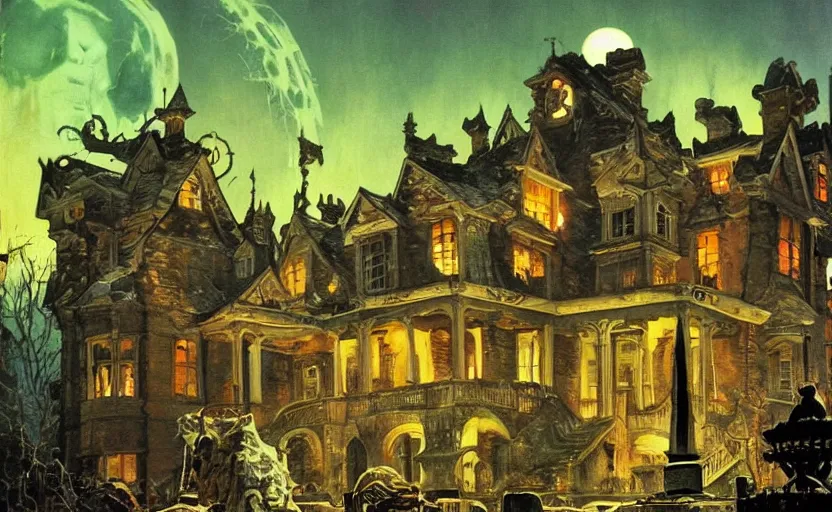 Prompt: halloween scene of a haunted mansion surrounded by ancient monoliths with glowing ghosts. highly detailed science fiction painting by norman rockwell, frank frazetta, and syd mead. rich colors, high contrast, gloomy atmosphere, dark background. trending on artstation