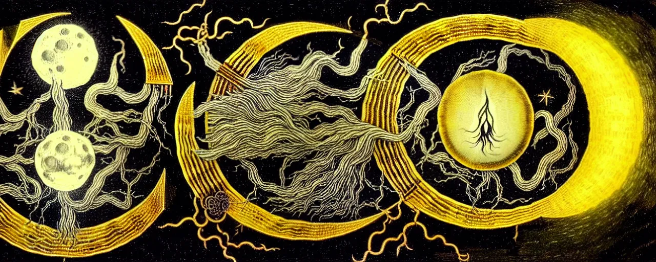 Image similar to a strange alchemical creature with a mouth of gold radiates a unique canto'as above so below'to the moon, while being ignited by the spirit of haeckel and robert fludd, breakthrough is iminent, glory be to the magic within, in honor of saturn, painted by ronny khalil