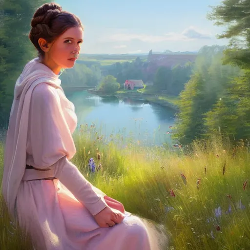 Image similar to Princess Leia, Swedish countryside, landscape view, archipelago, painting by Vladimir Volegov, wlop, artstation