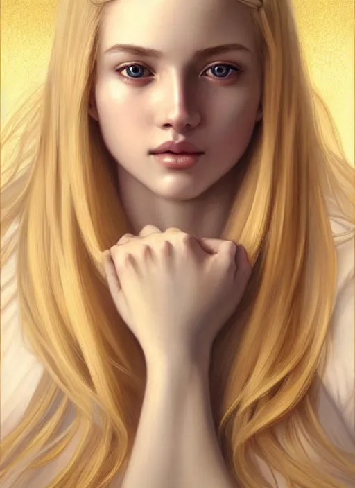 Image similar to beautiful feminine face! portrait of young woman blessed by god with ever - increasing physical mental perfection, blonde hair, symmetrical! intricate, elegant, highly detailed, holy perfection!! smile, feminine features, digital painting, artstation, concept art, smooth, sharp focus, illustration, art by artgerm and greg rutkowski and alphonse mucha