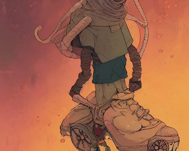 Image similar to a cell shaded cartoon of a monk in rollerblades, illustration, subtle colors, post grunge, concept art by josan gonzales and wlop, by james jean, Victo ngai, David Rubín, Mike Mignola, Laurie Greasley, highly detailed, sharp focus, alien, Trending on Artstation, HQ, deviantart, art by artgem