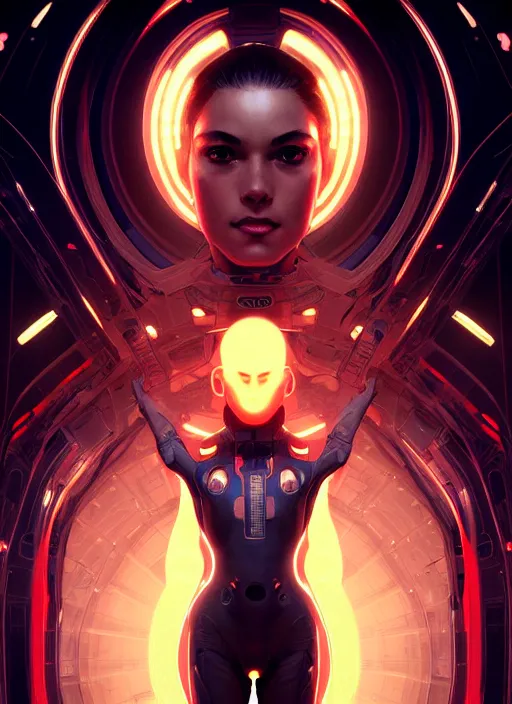 Image similar to symmetry portrait of a female future soldier, sci - fi, tech wear, glowing lights intricate, elegant, highly detailed, digital painting, artstation, concept art, smooth, sharp focus, illustration, art by artgerm and greg rutkowski and alphonse mucha
