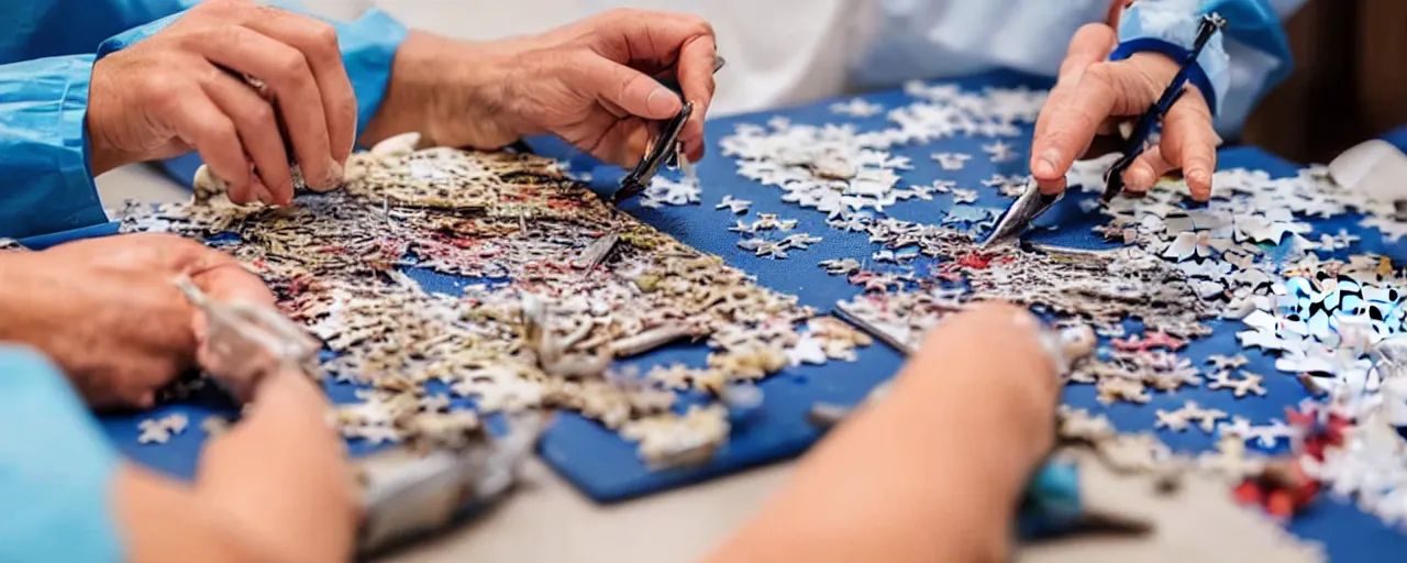 Image similar to a surgeon with realistic hands using a scalpel on a jigsaw puzzle on a table