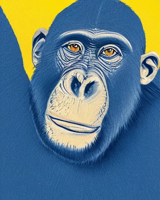 Image similar to gold, blue, illustration of a chimpanzee, 8 k, 8 5 mm f 1. 8