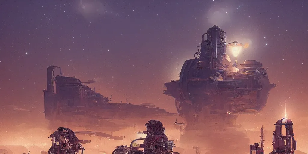 Prompt: anime spaceport in desert steampunk key by greg rutkowski night ultrahd fantastic details