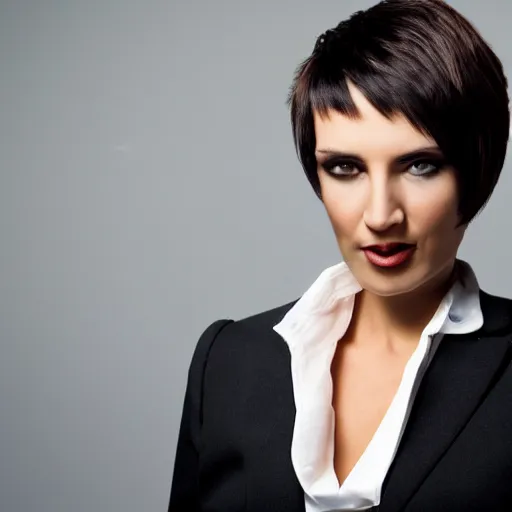 Prompt: brunette woman, black business suit, green eyes, short hair with flipped out hairstyle