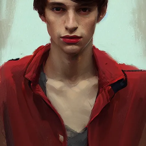 Image similar to Portrait of a man by Greg Rutkowski, he is about 20 years old, british features, straight jaw, attractive, short brown hair with bangs, athletic and strong, gallant, childhood friend vibes, he is wearing red and black utilitarian jumpsuit, highly detailed portrait, digital painting, artstation, concept art, smooth, sharp foccus ilustration, Artstation HQ.