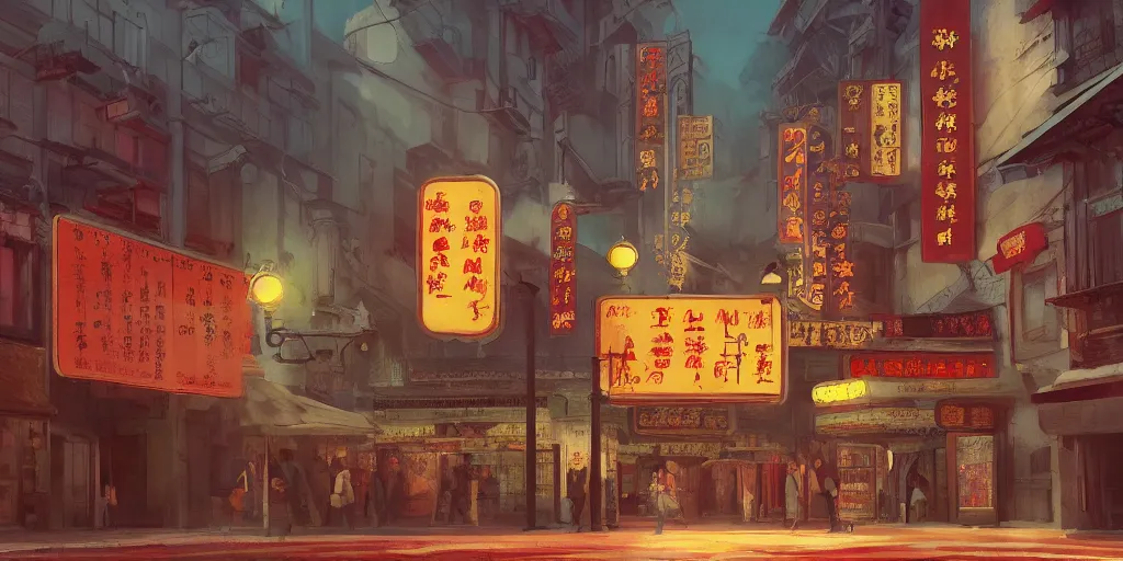 Prompt: old cinema in chinatown, evening, matte painting, studio ghibli, artstation