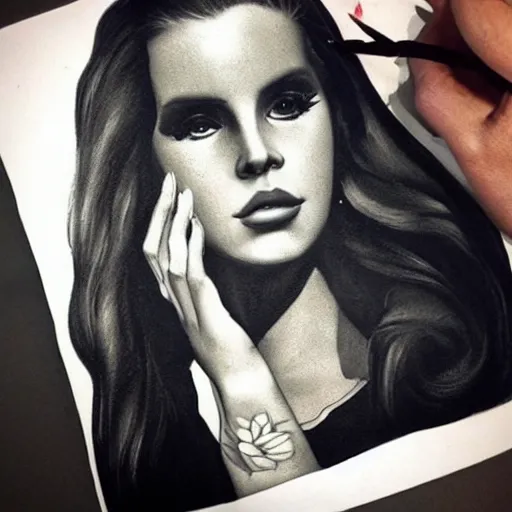 Image similar to Lana del rey tattoo design, photorealistic, dramatic