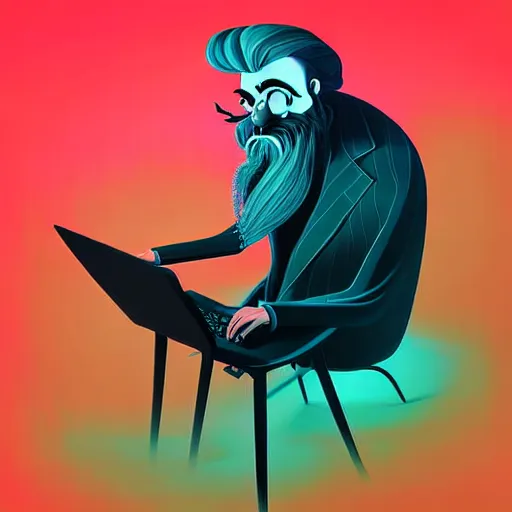 Image similar to curled perspective digital art of curly grey hair bearded man using a computer by anton fadeev from nightmare before christmas