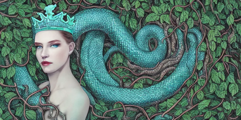 Image similar to queen of snakes, pale blue skin and emerald eyes, wearing a crown of vines