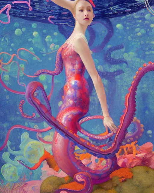 Image similar to a beautiful girl underwater wearing a colourful octopus as a dress and surrounded by glowing jellyfish, painted by edgar maxence, edward hopper, wayne barlowe and james gilleard, airbrush, art by jamesjean