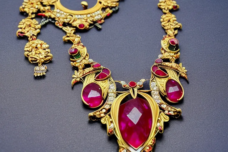 Image similar to highly detailed oil painting, front view, very realistic gemstones, art nouveau, ornate, delicate, brilliant ruby necklace, necklace on display, dramatic light,