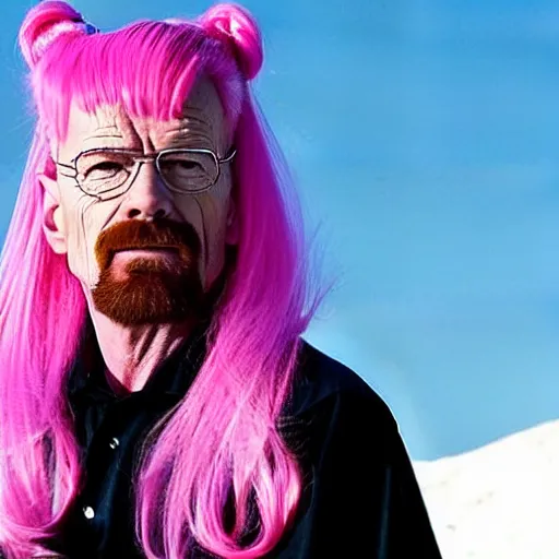 Image similar to walter white wearing a pink hair wig