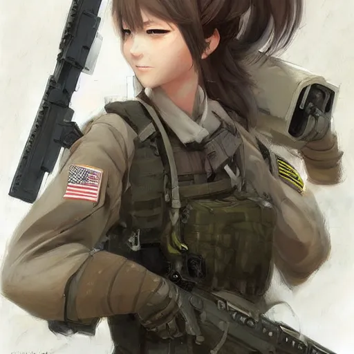 Image similar to anime girl in a united states army special forces uniform, cute face, digital art, portrait, krenz cushart, craig davison