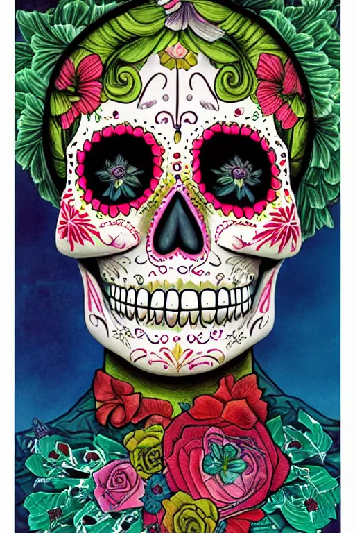 Image similar to Illustration of a sugar skull day of the dead girl, art by barclay shaw