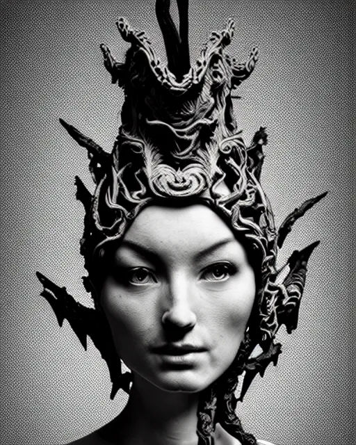 Image similar to a black and white high quality old photo of a young beautiful female queen-dragon-cyborg bust with a very long neck and Mandelbrot fractal face, Mandelbrot fractal skin, flesh, anatomical, facial muscles, veins, arteries, elegant, highly detailed, flesh highly baroque ornate, hair are wired cables, elegant, high fashion, rim light, octane render, in the style of H.R. Giger and Louis Daguerre, Realistic, tintype, Refined, Digital Art, Highly Detailed, Cinematic Lighting, rim light, black and white, photo-realistic, 8K