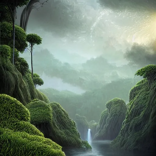 Image similar to digital art of a lush natural scene on an alien planet by michal klimczak ( shume ). extremely detailed. science fiction. beautiful landscape. weird vegetation. cliffs and water.