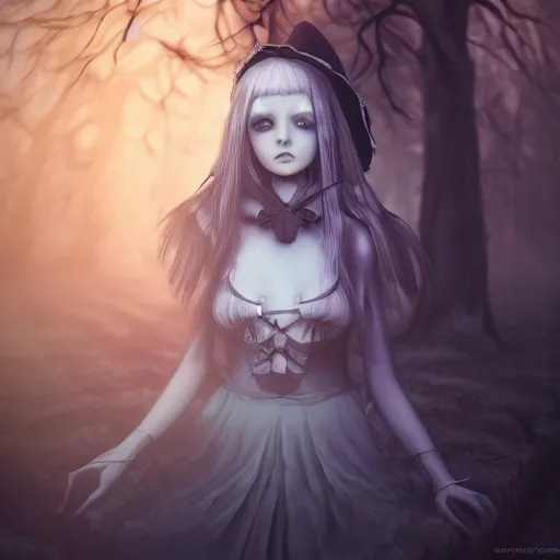 Image similar to portrait of beautiful darkness witch 3D anime girl, dark forest background, inspired by Tim Burton, digital painting, unreal engine render, volumetric light, high détail