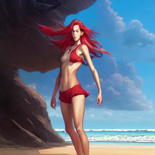 Image similar to a half horse half human creature standimg on the beach,wearing red shorts,anthropomorphic,Character design by charlie bowater, ross tran, artgerm, and makoto shinkai, detailed, inked, western comic book art, 2021 award winning painting,digital art,ultra realistic,ultra detailed,art by greg rutkowski,muscular,detailed face,hyperdetailed,hyperrealistic,detailed face,photorealistic,realistic,4k