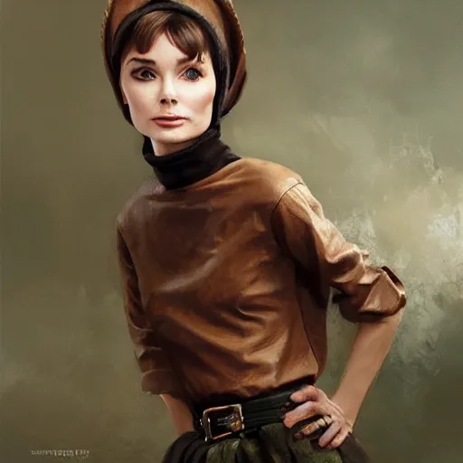 Image similar to a beautiful woman, beauty, looks like Audrey Hepburn, bard, brown hair, messy hairstyle, bangs, cream colored peasant shirt, brown pants, leather boots, dark green cloak, round hood, elf ears, youthful, white background, proportionate, by Greg Rutkowski and Tony Sart, trending on artstation, realistic, highly detailed, masterpiece