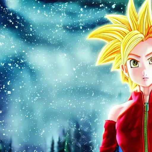 Prompt: portrait focus of Super Saiyan beautiful 3D anime gir!! posing, frozen ice !! dark forest background, snowing, bokeh, inspired by Masami Kurumada, digital painting, high contrast, unreal engine render, volumetric lighting, high détail