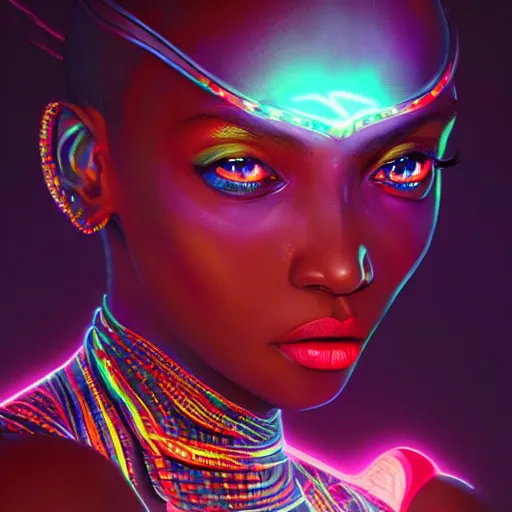 Image similar to african neon necromancer, science fiction, highly detailed, digital painting, beautiful eyes, symmetry, concept art, sharp focus, illustration, global illumination, radiant light, synthwave colors, detailed and intricate environment, art by artgerm and greg rutkowski and magali villeneuve and ilya kuvshinov!