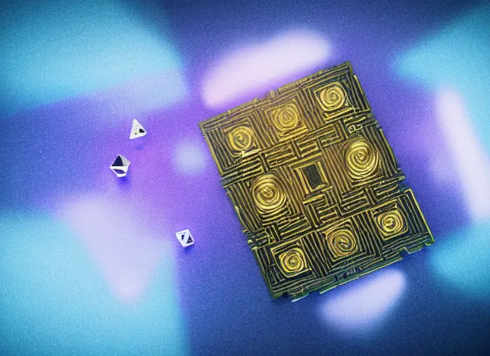 Image similar to render of a single flat square magic golden computer chip with runes and a glowing blue crystal in the center, mana flowing around it and smoke on a flat background, product photo, macro, dynamic composition, hyperrealism, octane render, trending on artstation, unreal engine 5, 4 k, 8 k