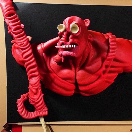 Image similar to realistic full size hellboy made out of whole twizzlers, render