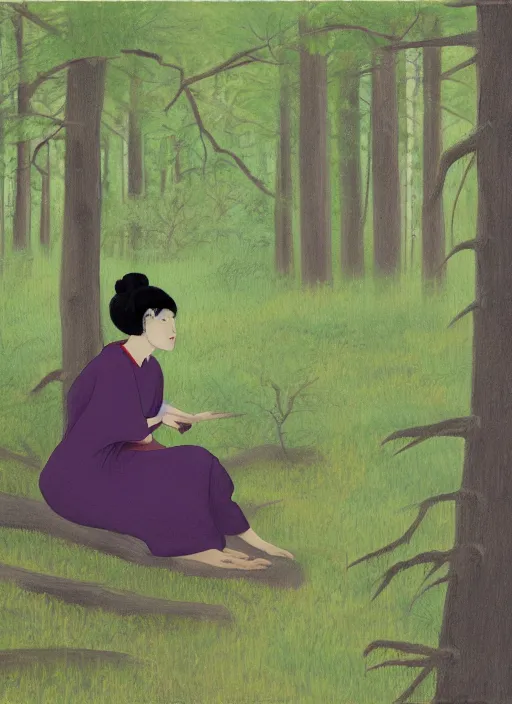 Image similar to a painting of a woman sitting in a tall forest, painting by will barnet, artstation contest winner, matte painting, 2 d game art