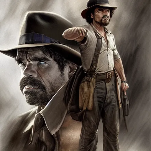 Prompt: peter dinklage as indiana jones, digital painting, extremely detailed, 4 k, intricate, brush strokes, mark arian, artgerm, bastien lecouffe - deharme