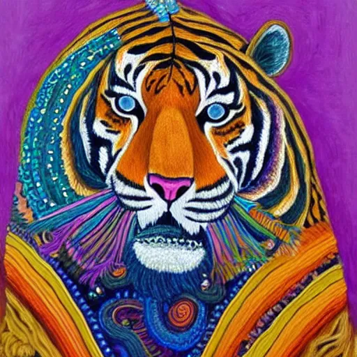 Image similar to an image of a tiger wearing a headdress, a detailed painting by Laurel Burch, pinterest contest winner, psychedelic art, detailed painting, made of beads and yarn, outlined art