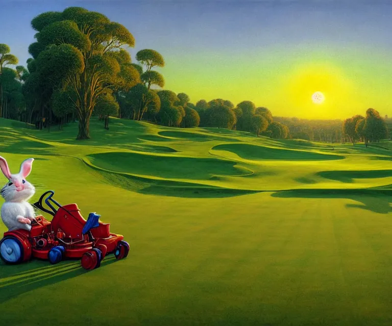 Image similar to hyper detailed 3d render like a Oil painting - a cartoon rabbit riding a lawnmower across a golf course at dawn, by Jacek Yerka, Mariusz Lewandowski, Houdini algorithmic generative render, Abstract brush strokes, Masterpiece, Edward Hopper and James Gilleard, Zdzislaw Beksinski, Mark Ryden, Wolfgang Lettl, hints of Yayoi Kasuma, octane render, 8k