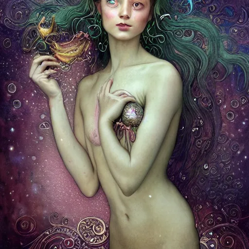 Image similar to Beautiful Delicate Detailed portrait of a mermaid With Magical green Eyes by Tom Bagshaw, Bastien Lecouffe Deharme, Erik Johansson, Amanda Sage, Alex Grey, Alphonse Mucha, Harry Clarke, Josephine Wall and Pino Daeni, Delicate water creature siren With long blue Hair and Magical Sparkling Eyes, Magic Particles; Magic Swirls, 4K; 64 megapixels; 8K resolution concept art; detailed painting; digital illustration; hyperrealism; trending on Artstation; Unreal Engine Photorealistic, lifelike, Unreal Engine, sharp, sharpness, detailed, 8K