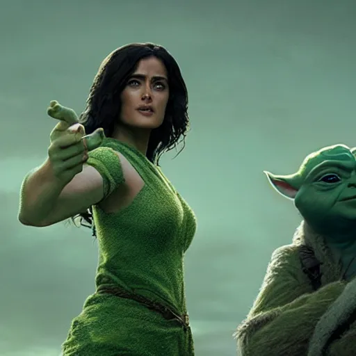 Prompt: a green salma hayek with ( ( ( ( yoda ) ) ) ) ears greg rutkowski and jason chan highly detailed cinematic lighting octane render unreal engine