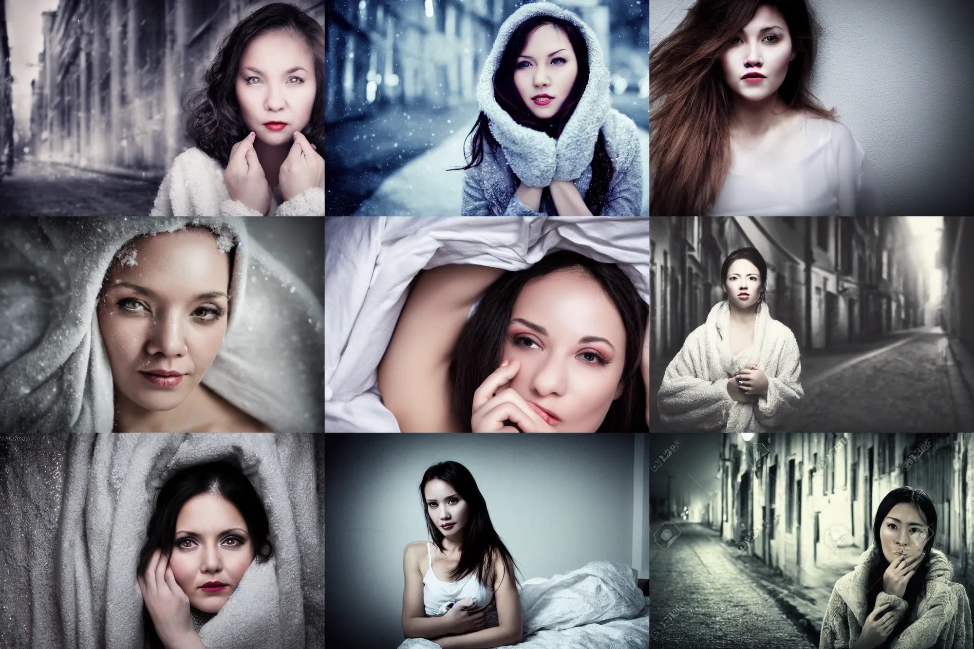 Prompt: beautiful woman 3 6 years old in one white bedsheet runs along a dark street in winter, close - up portrait, dark background, post - processing, sexuell