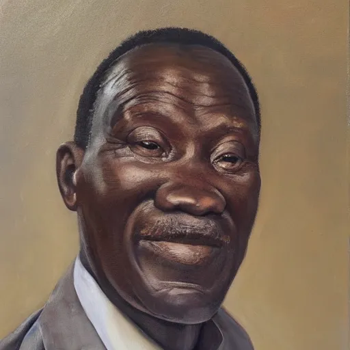 Image similar to a painting of a fatherly, aquiline nose, wide forehead, round face, XXL , loving, caring, generous, ever-present, humble, wise elder from Kenya with a friendly expression in a suit by Lynette Yiadom-Boakye . Fatherly/daddy, focused, loving, leader, relaxed,. ethereal lights, details, smooth, sharp focus, illustration, realistic, cinematic, artstation, award winning, rgb , unreal engine, octane render, cinematic light, macro, depth of field, blur, red light and clouds from the back, highly detailed epic cinematic concept art CG render made in Maya, Blender and Photoshop, octane render, excellent composition, dynamic dramatic cinematic lighting, aesthetic, very inspirational, arthouse.