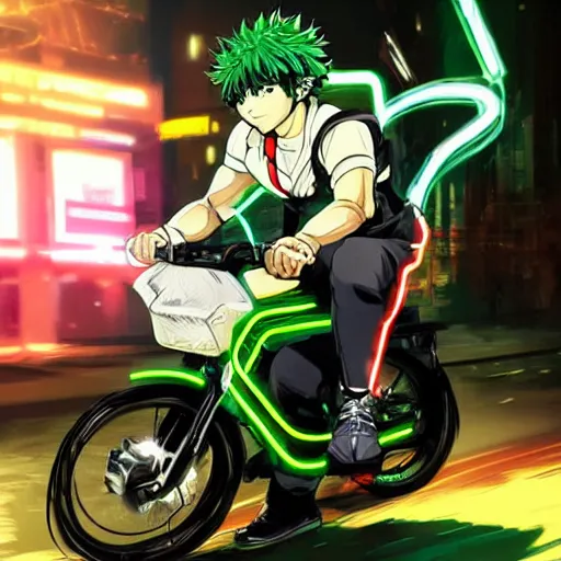 Prompt: Izuku Midoriya riding a electric bike neon, Yoji Shinkawa