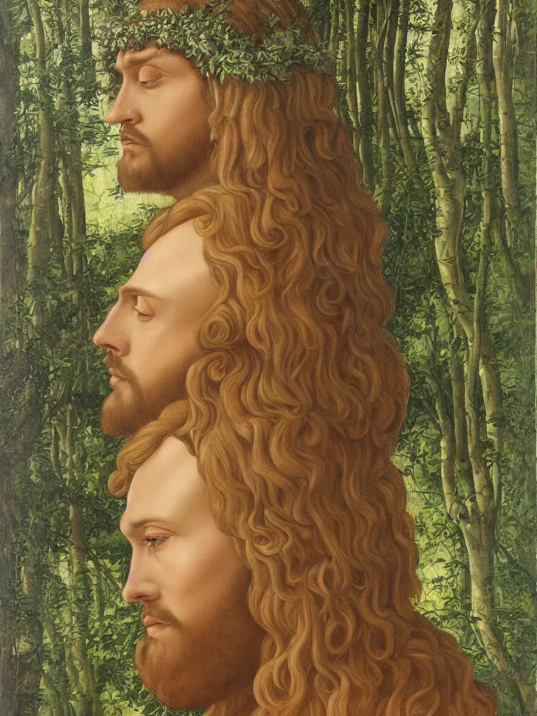 Prompt: Portrait of Jesus Christ as an elven king in a lush forest. Oil painting in the style of Botticelli. Fantasy art. 4k.