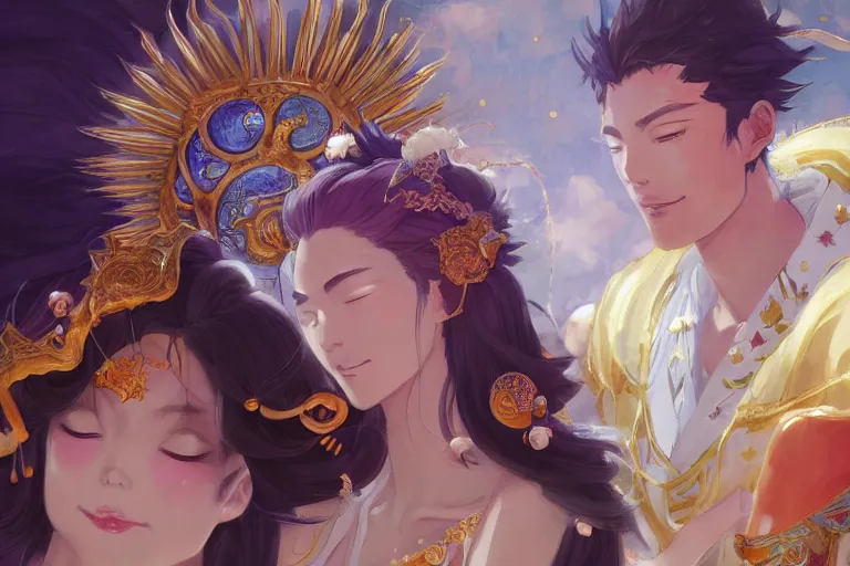 Image similar to close up moment of a divine a japan sun god and a moon goddess lovers magician at a wedding banquet, highly detailed, d & d, fantasy, 4 k realistic, digital painting, trending on artstation, concept art, sharp focus, illustration, art by makoto shinkai and akihiko yoshida and daniel gerhartz