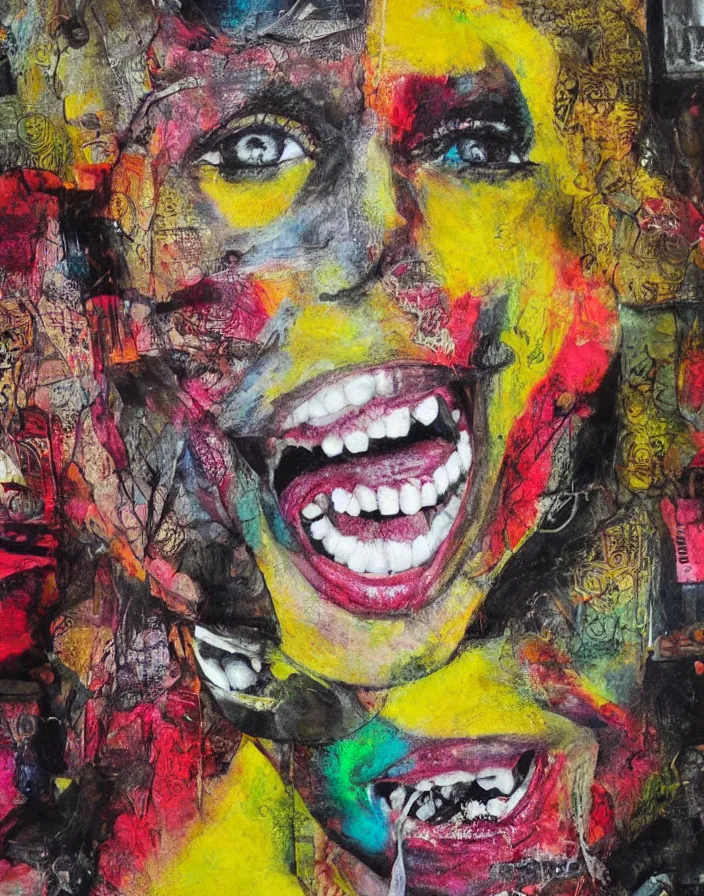 Prompt: bright laughing fear detailed analogue mixed media collage with canvas texture in style of contemporary art, punk art, hyperrealistic beautiful face, photorealistic, expressionism, masterpiece, perfect composition, spectacular quality, intricate oil details