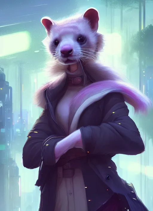 Image similar to commission of a beautiful portrait of a female anthro ferret fursona wearing jedi robes in a forested cyberpunk city. character design by charlie bowater, ross tran, artgerm, and makoto shinkai, detailed, soft lighting, rendered in octane