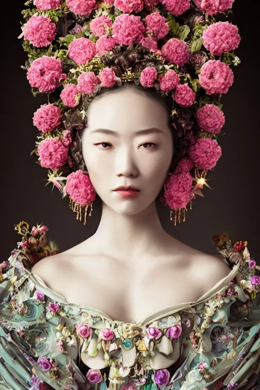 Prompt: a beautiful portrait of a singular empress, with a brilliant, impossible striking big flower headpiece, clothes entirely made out of flowers, symmetrical, dramatic studio lighting, rococo, baroque, jewels, asian, hyperrealism, closeup, D&D, fantasy, intricate, elegant, highly detailed, digital painting, artstation, octane render, 8k, concept art, matte, sharp focus, illustration, art by Artgerm and Greg Rutkowski and Alphonse Mucha