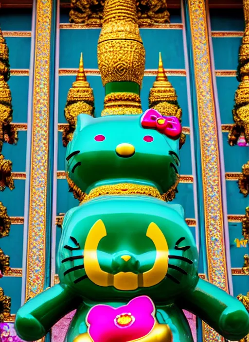 Prompt: emerald buddha temple with hello kitty theme, high lights, 4 k, high detailed photography, 5 0 mm lens, depth of field, cinematic