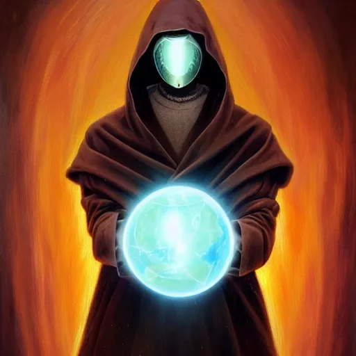 Prompt: sci - fi male traveler wearing a cloak, masked, and holding a holographic planet projection in his hand, detailed, sci - fi, digital painting, artstation, sharp focus, illustration, ominous, artgerm, tomasz alen kopera, peter mohrbacher, donato giancola, joseph christian leyendecker, wlop, frank frazetta