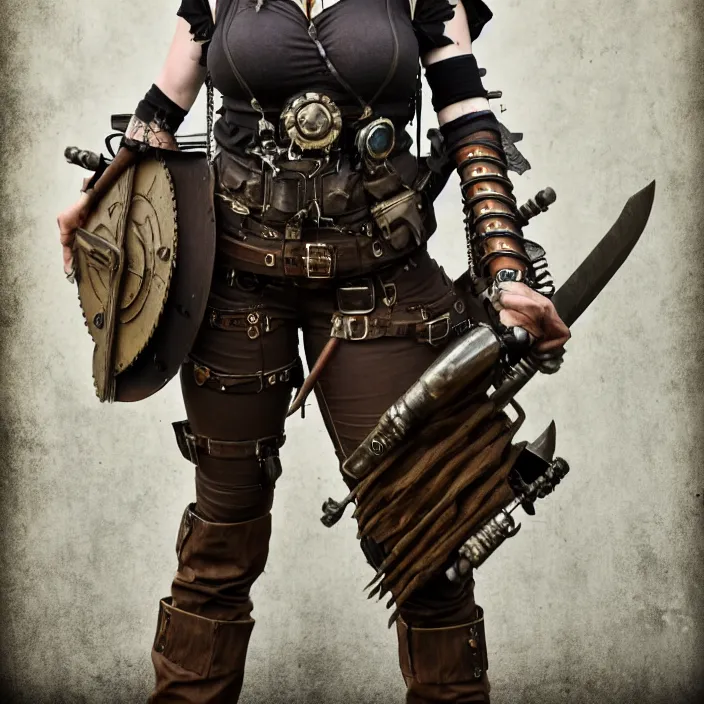 Image similar to full length photo of a real - life beautiful dieselpunk warrior with weapons, 8 k, hdr, smooth, sharp focus, high resolution, award - winning photo